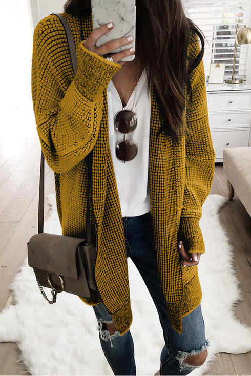 Plaid Knitted Long Open Front Cardigan